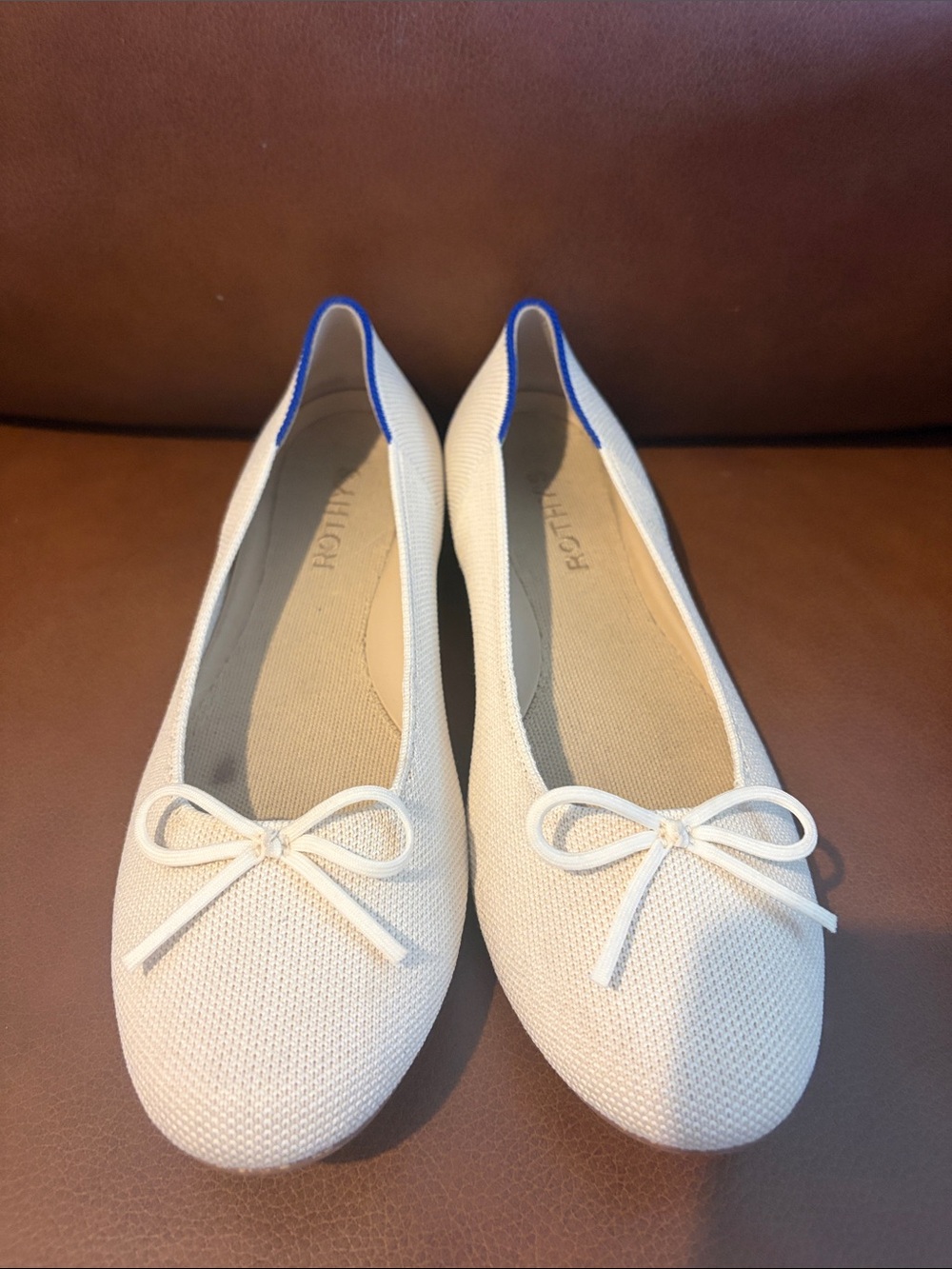 Rothy's Cream Knit Ballet Flats with Blue Trim